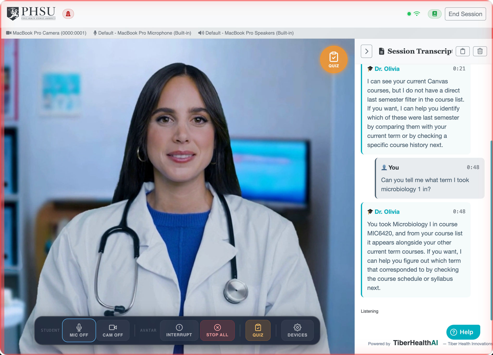 Screenshot: canvas-tools.png &mdash; example chat where Dr. Olivia drilled into a Canvas module to answer.
