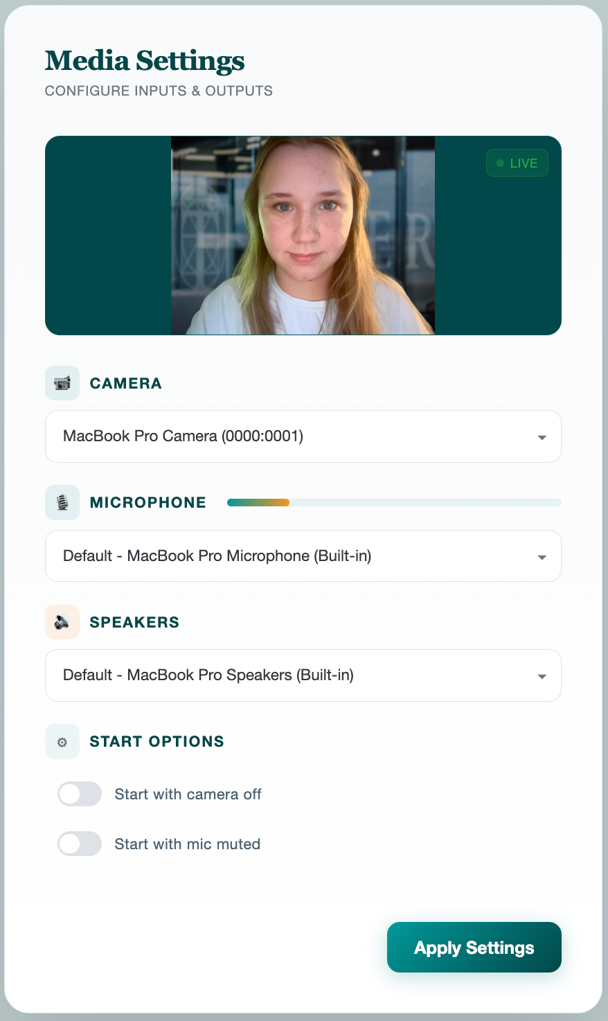 Screenshot: media-dialog.png &mdash; pre-call media-device dialog