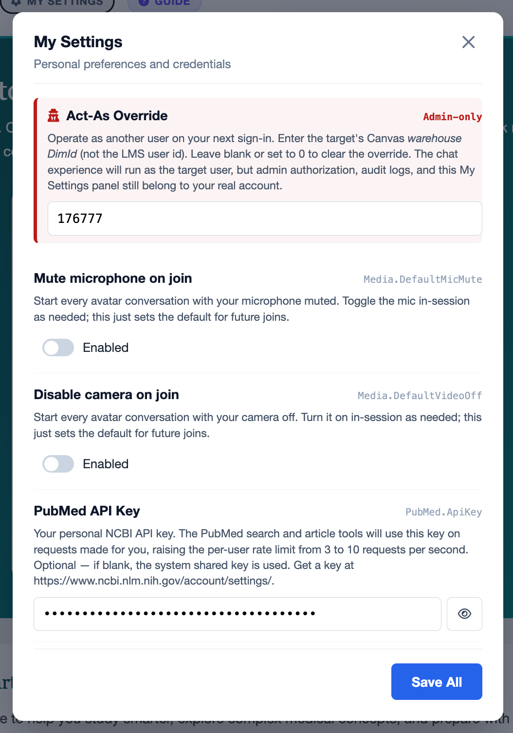 Screenshot: my-settings.png &mdash; My Settings dialog open over the Selection page.