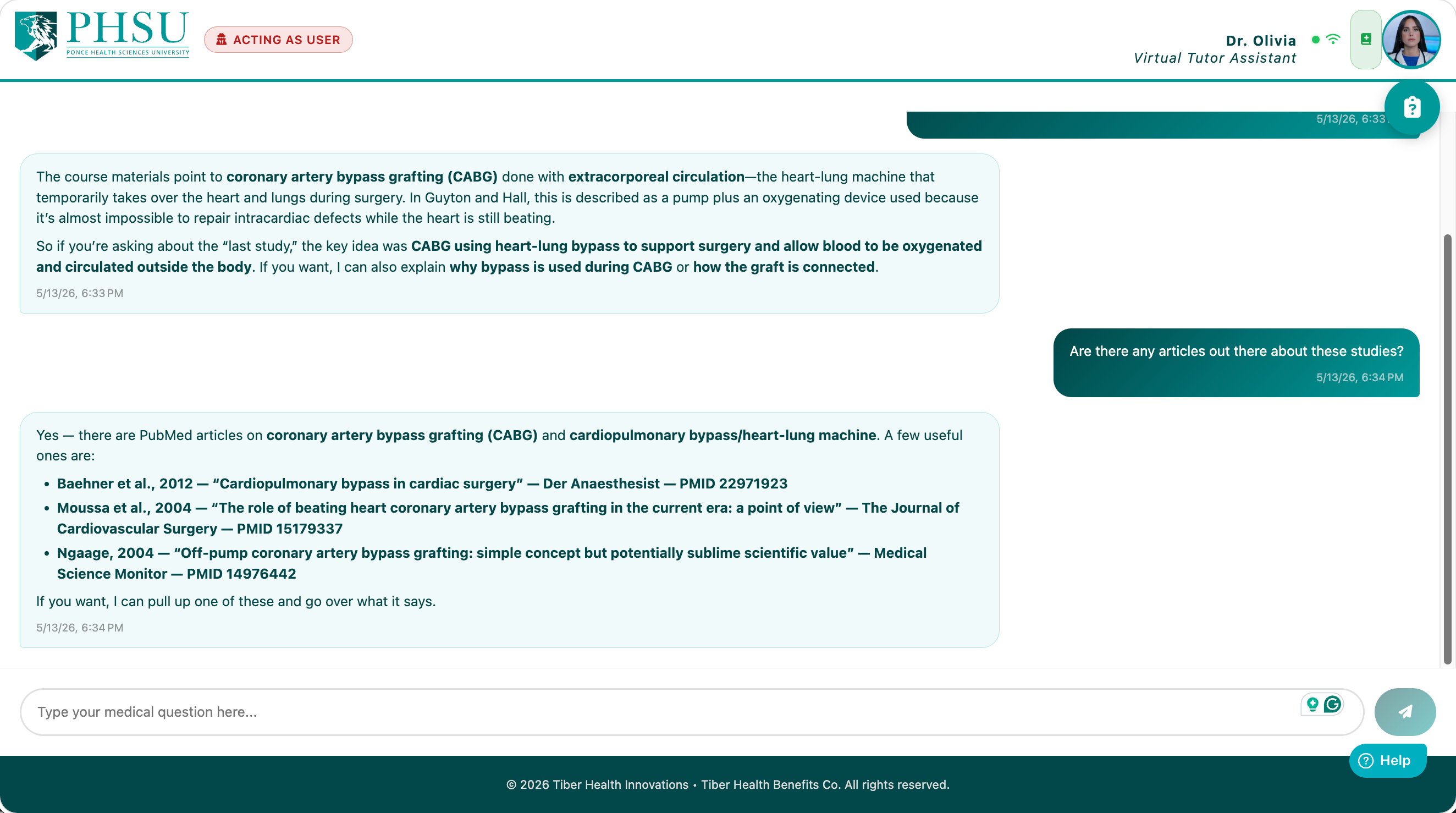 Screenshot: pubmed-lookup.png &mdash; example exchange where Dr. Olivia cites a PubMed result.